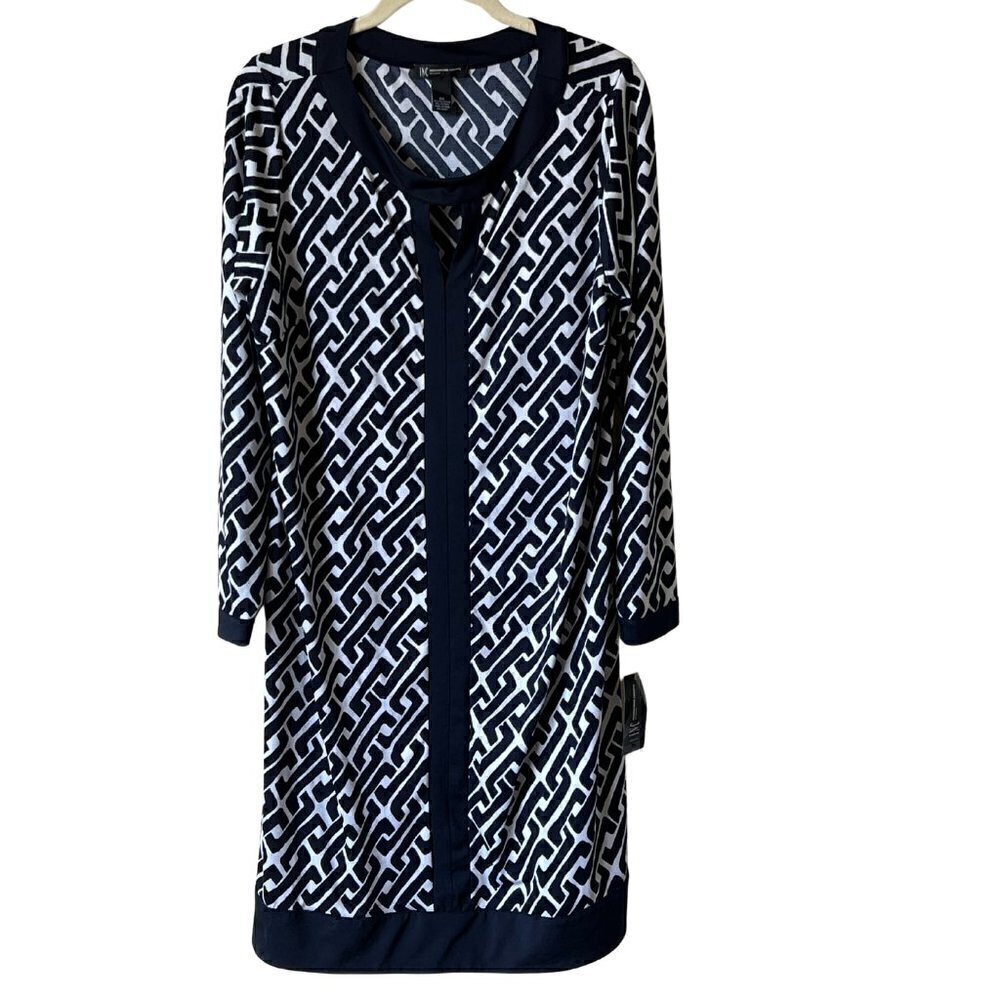 NEW INC Navy/White Geometric Long Sleeve Jersey Keyhole Dress, OX
